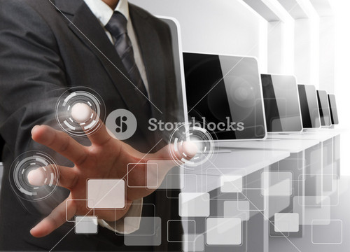 Business Man Hand Controls Computer Room