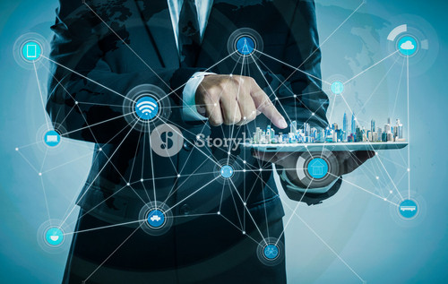 Businessman Using Digital Tablet Show The City Skyline On Virtual Screen,smart City And Wireless Communication Network Concept .