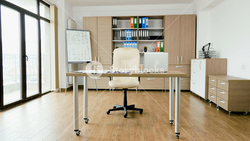 Empty Modern Office With Nobody In. Morning Before The Work