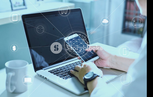 Man Using Digital Device Make Payments Online Shopping And Icon Customer Network Connection On Screen.