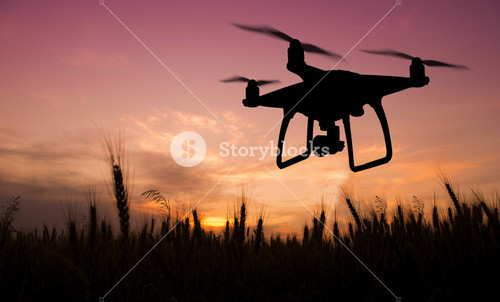 Silhouette Of Hovering Drone Taking Pictures Of Green Meadows And Hills At Sunset